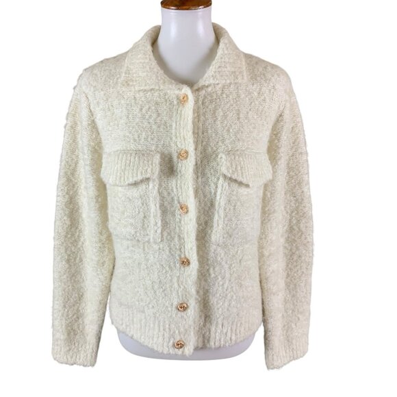 Pinch Ivory Boucle Button Front Sweater M L Textured Shacket Cozy Warm - Picture 1 of 4
